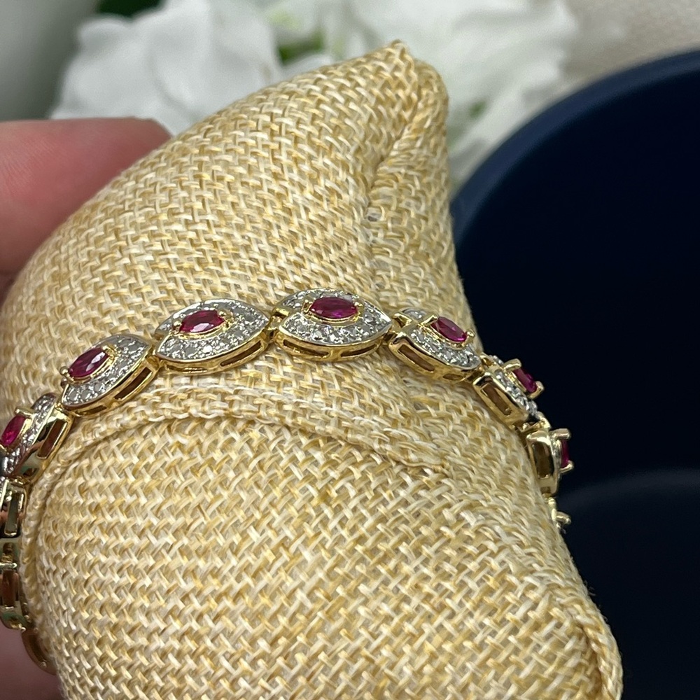 Vintage Gold-Over-Sterling Ruby & Diamond Accent Bracelet - 7.25” - Picture 14 of 17